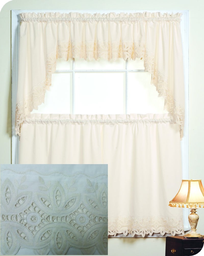 Fancy Collection 3pc Off White/Beige with Embroidered Kitchen/Cafe Curtain Tier and Swag Set Battenburg New (60"x 38", Ercu)